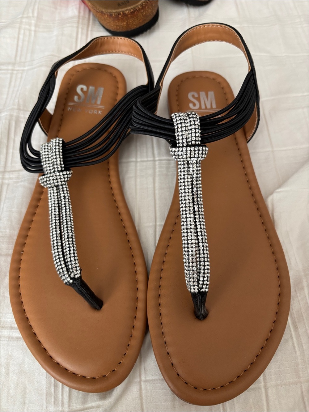 SM New York Black Strappy Rhinestone T‑Bar Sandals